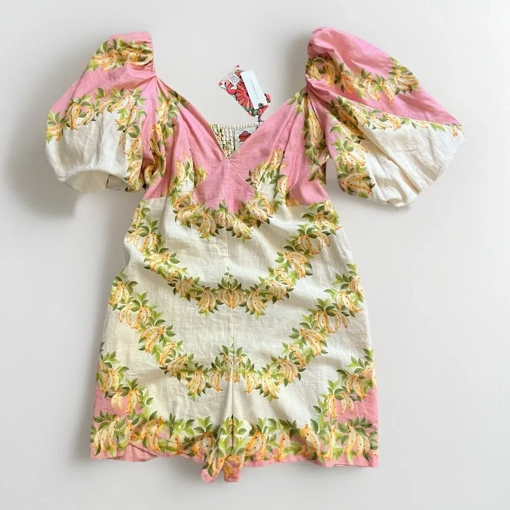 NWT Anthropologie FARM Rio Linen Blend Puff Sleeve Romper - Picture 1 of 15